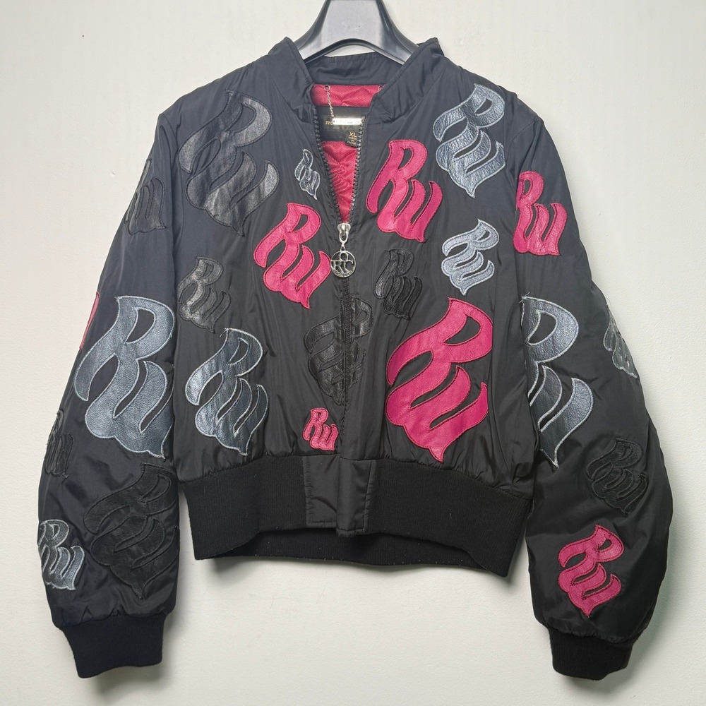 VTG Rocawear Y2K Bomber Jacket Black Pink Leather Logo Patch XL Womens